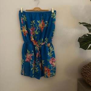 Retro Tommy Bahama Sun Lilies Short Romper - Azure Blue Size L